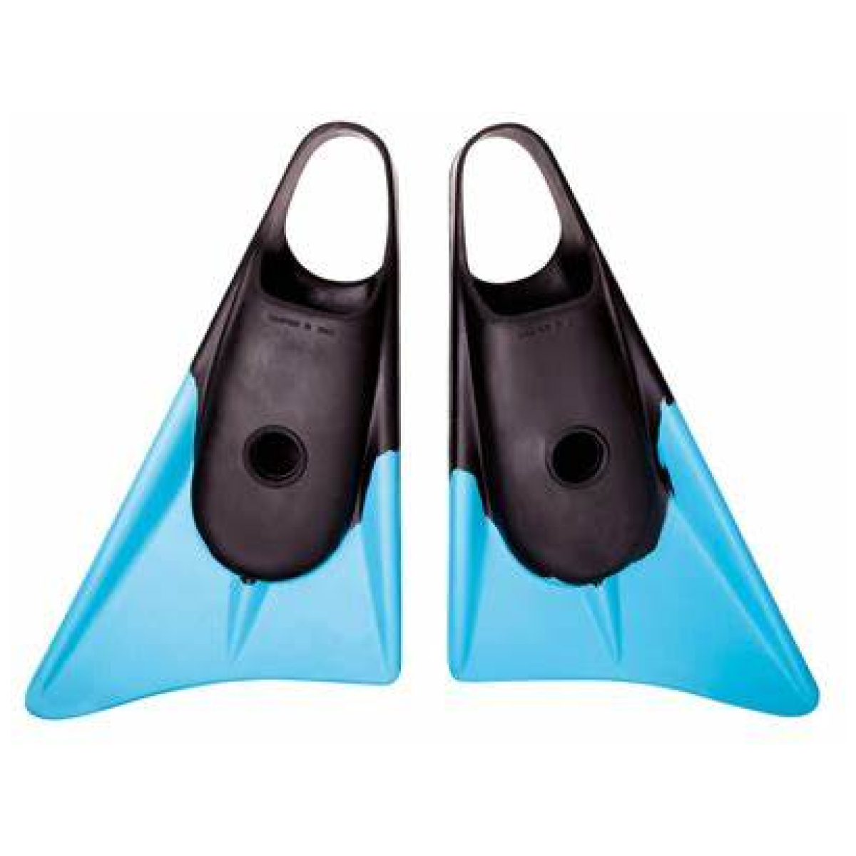 Pair of short snorkeling fins with black foot pockets and ice-blue blades, each showing a circular vent hole