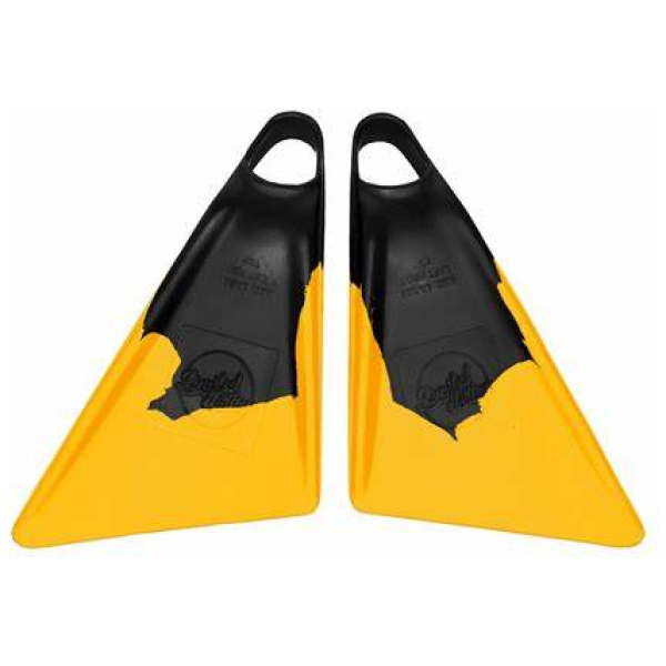 Pair of black and gold short swim fins with triangular yellow blades and black foot pockets