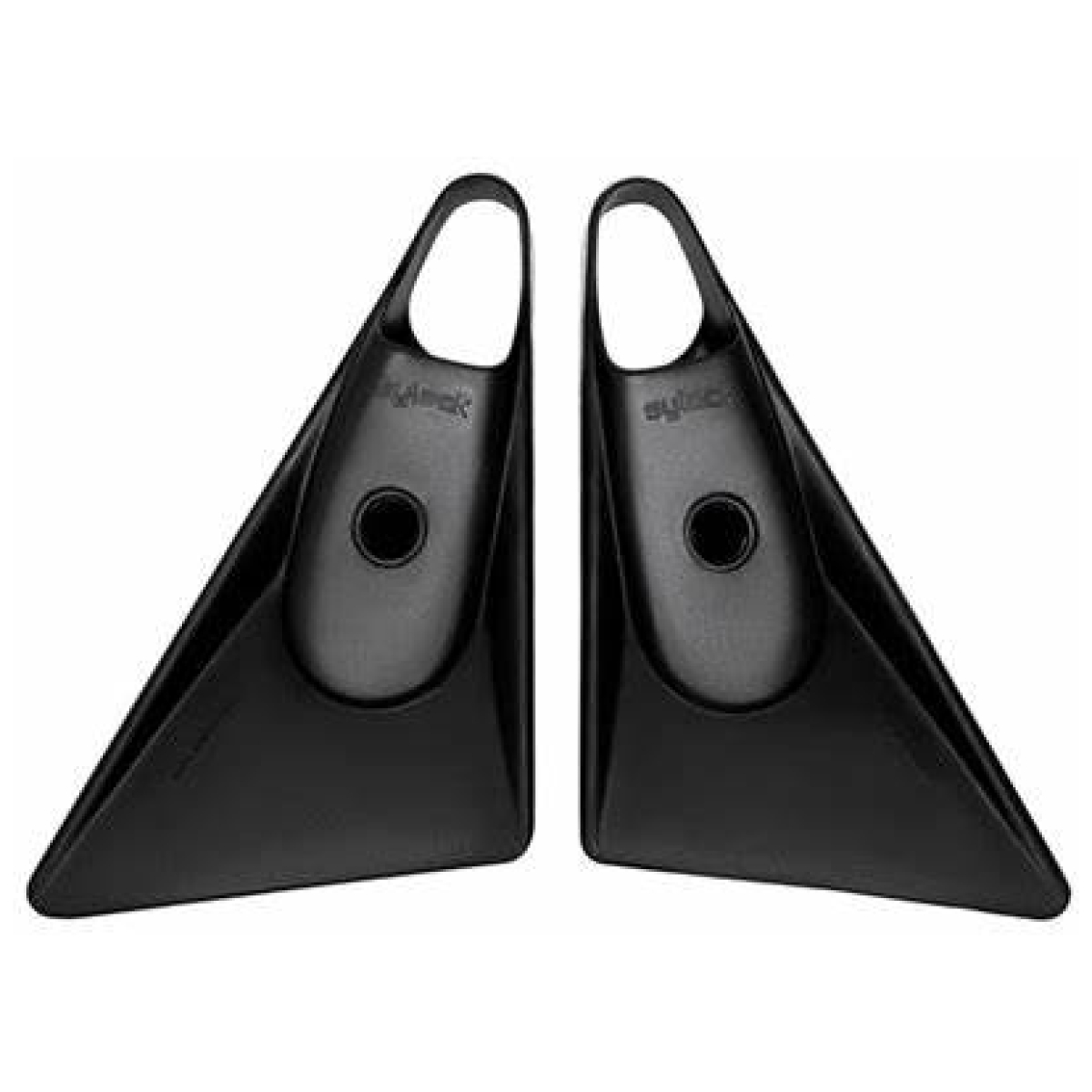 Pair of black triangular swim fins with wide foot pockets and circular vents labeled ALETAS LIMITED EDITION