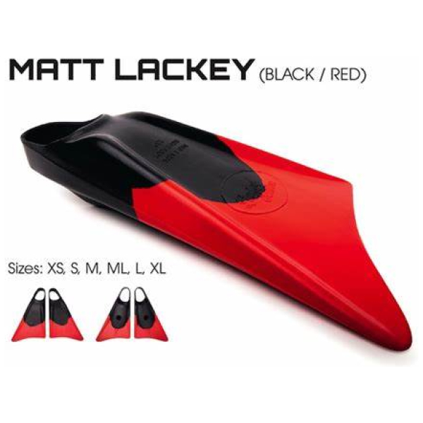 Red and black Matt Lackey swim fin with sizes XS to XL shown and text "MATT LACKEY (BLACK / RED)