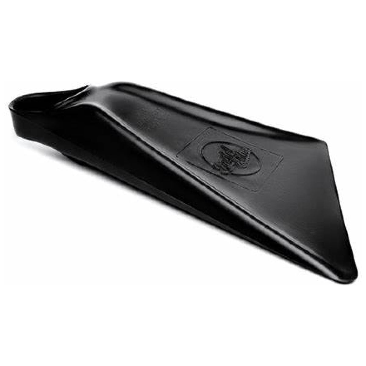 Sleek all-black closed-heel swim fin with embossed logo on the blade