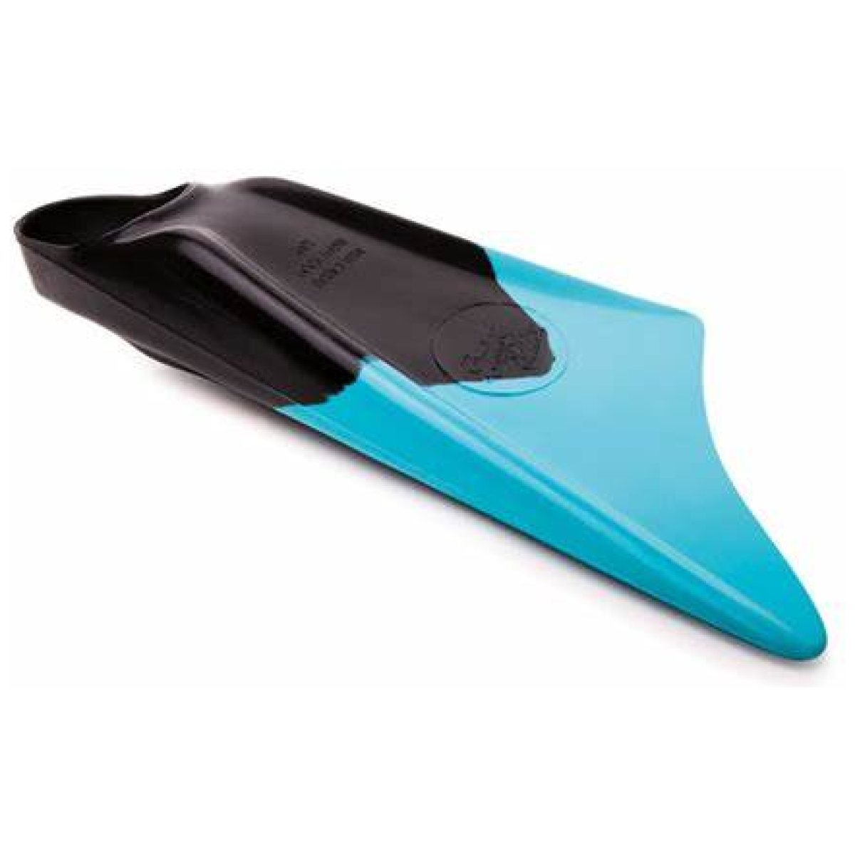 Black and ice blue short swim fin with closed heel and tapered blade, showing brand embossing on the foot pocket