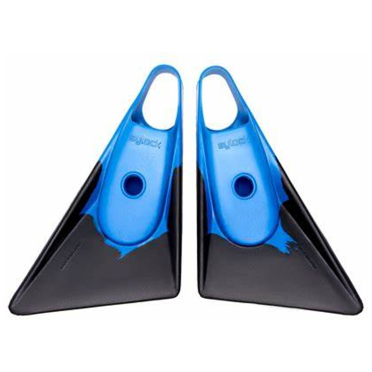 Pair of blue and black Aletas Sylock swim fins with triangular blade and heel loop, mirrored left and right