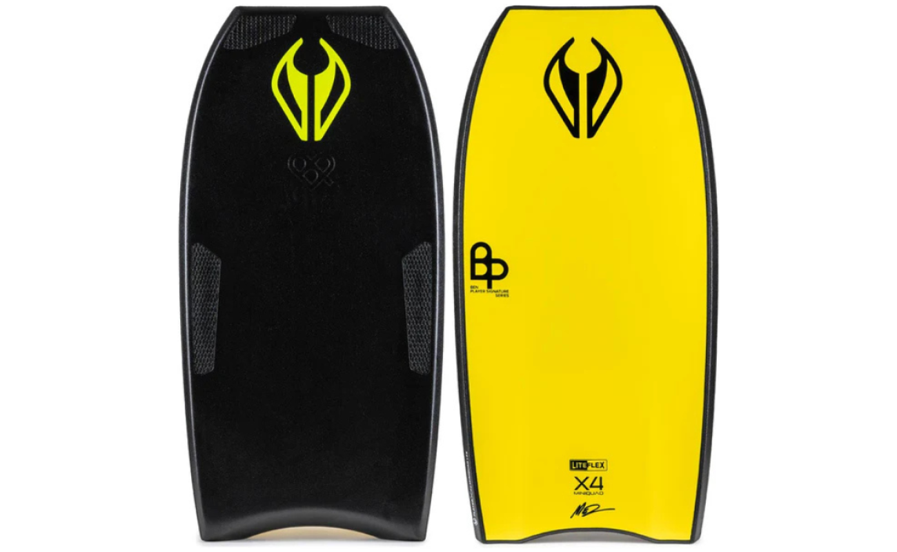 Black and yellow VS Dave Winchester Mini Quad PP K19 bodyboard showing textured black deck and bright yellow bottom with