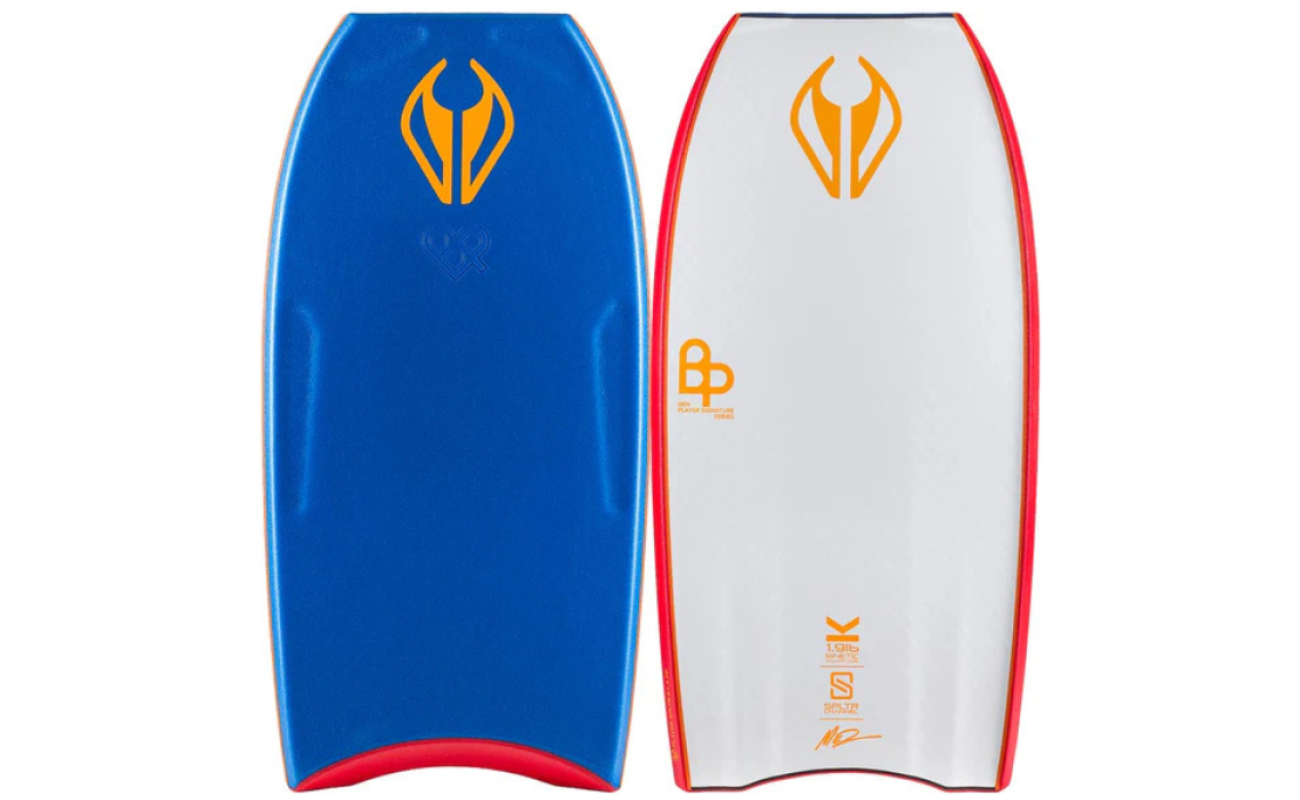 Two bodyboards side by side, left blue with orange logo and red tail, right white with orange logo, red rails and orange