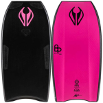 Two bodyboards side by side, one black with pink logo and textured pads and one bright pink with black logos and quad tail