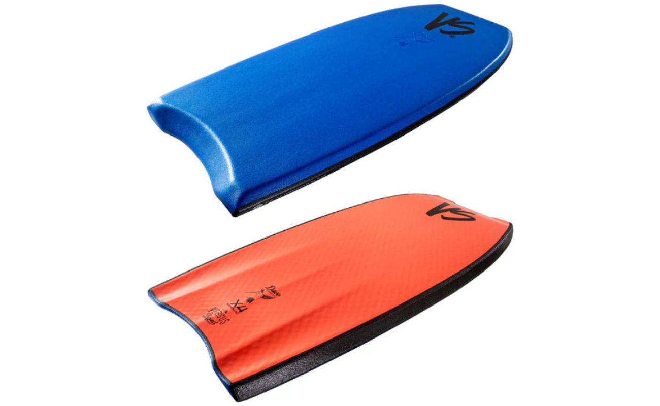 Two mini quad bodyboards, one blue and one orange, each with black rail and VS logo on the nose