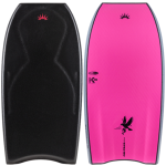 Two bodyboards side by side, left black textured deck and right bright pink bottom with No Fear logos, K19 mark and flying
