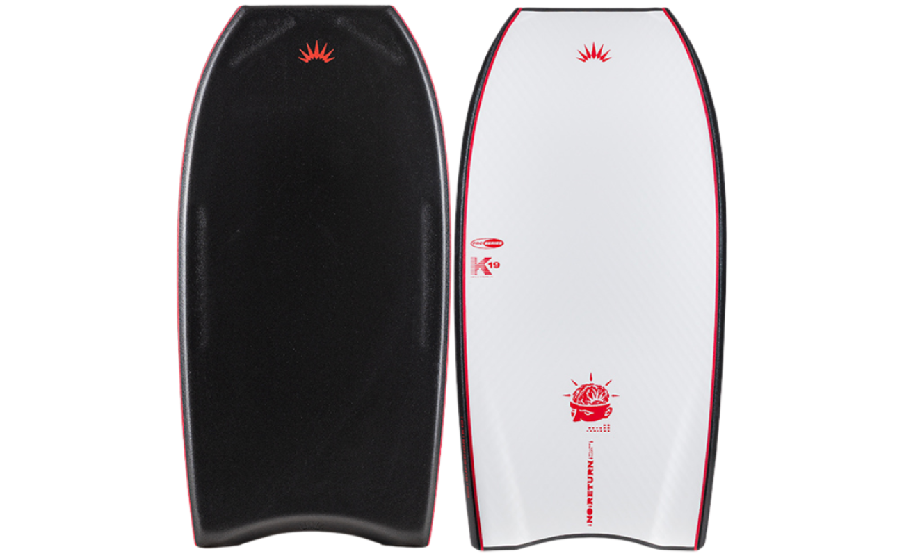 Pair of bodyboards shown front and back, black textured deck and white bottom with red sunburst logo, K19 and No Fear