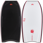 Pair of bodyboards shown front and back, black textured deck and white bottom with red sunburst logo, K19 and No Fear