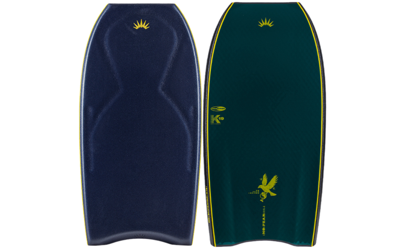 Two dark green and navy bodyboards side by side with yellow trim, a K19 logo and a yellow eagle graphic on the deck