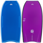 Two bellyboards side by side, left solid blue with white sun logo, right black-edged purple with K19 and brain-with-crown