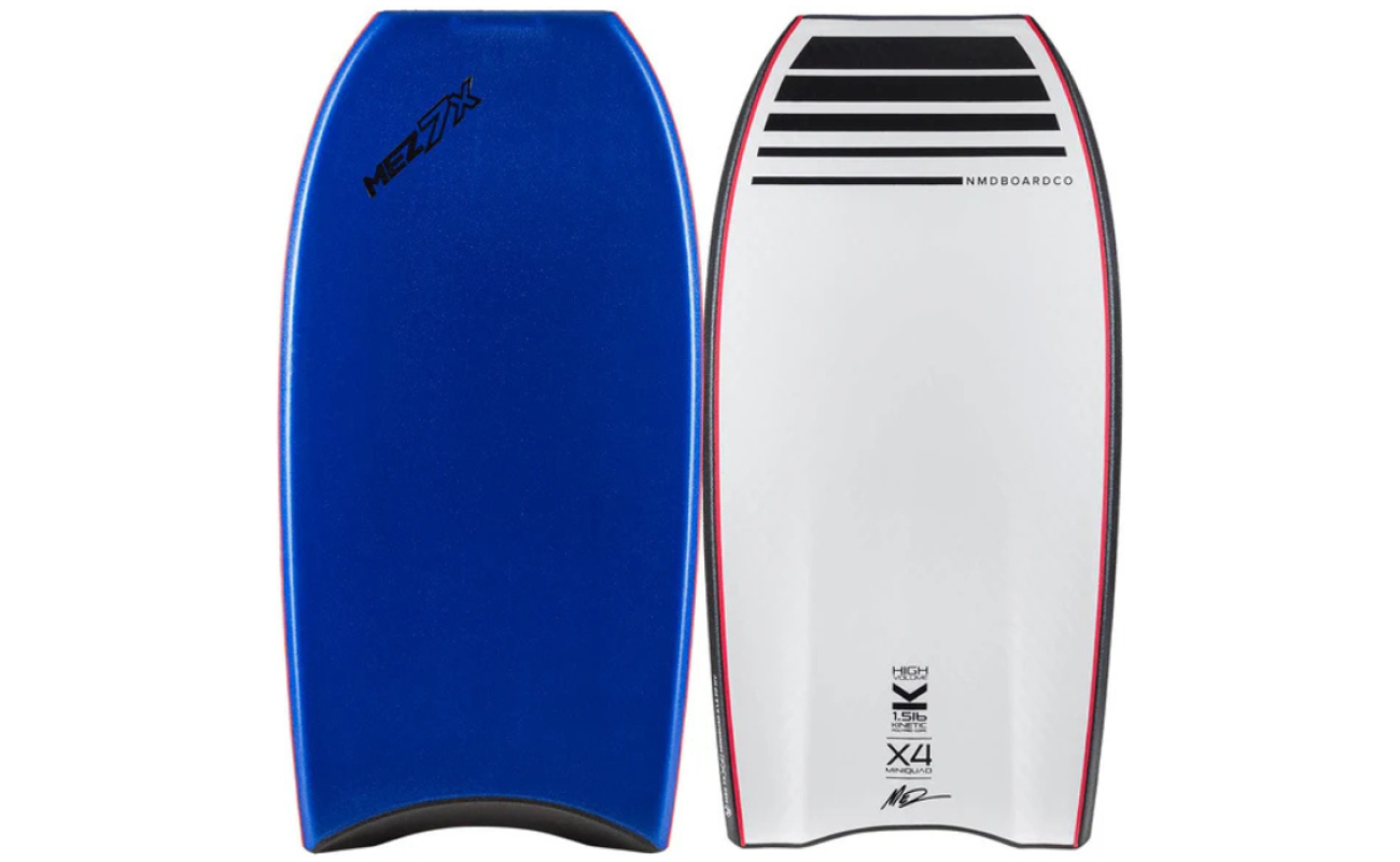 Blue and white mini quad bodyboard set showing a blue deck with "MEL7X" logo and a white bottom with black stripes and text