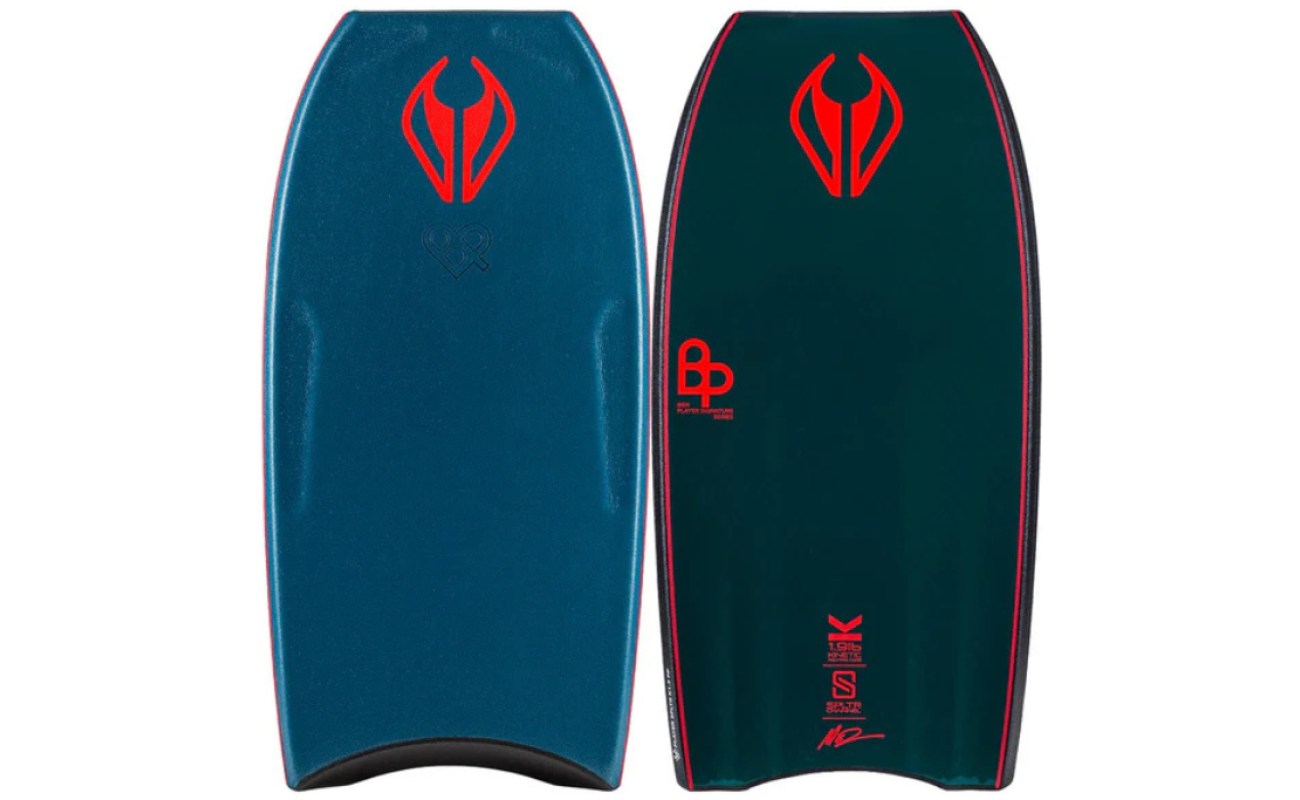 Two teal and dark green bodyboards with red logos and accents, showing front and back designs labeled "PP" and "K19