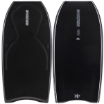 Two black ERIZOS bodyboards shown top and bottom view with textured deck, white logo, and K19 branding