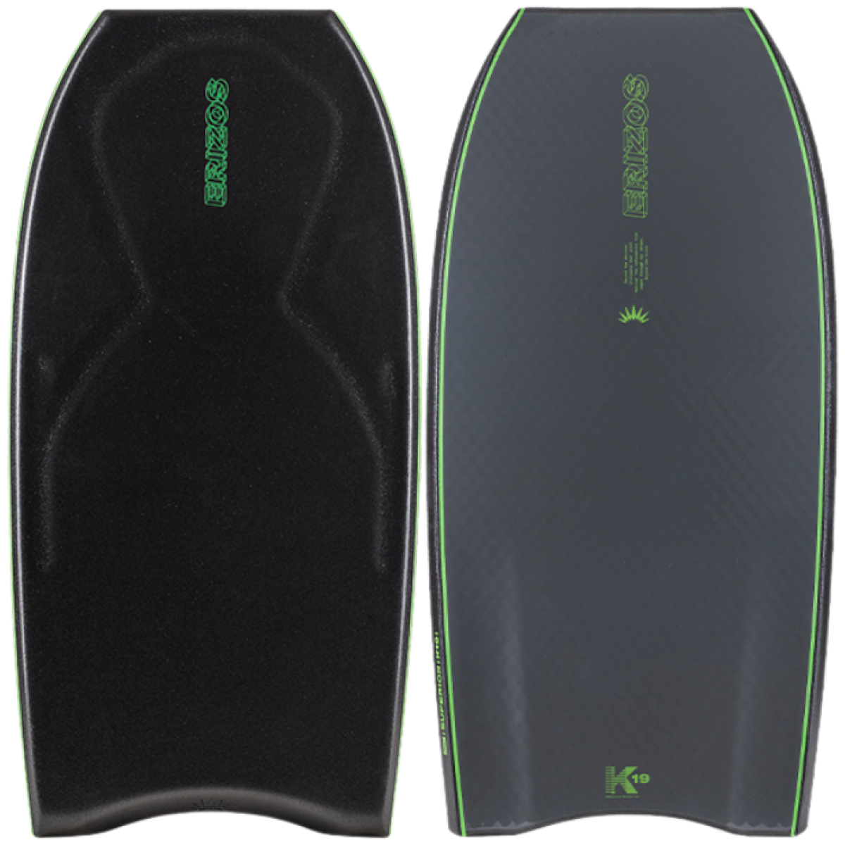 Pair of black and grey Erizos bodyboards with green logo and K19 marking, textured top and smooth bottom