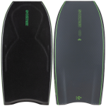 Pair of black and grey Erizos bodyboards with green logo and K19 marking, textured top and smooth bottom