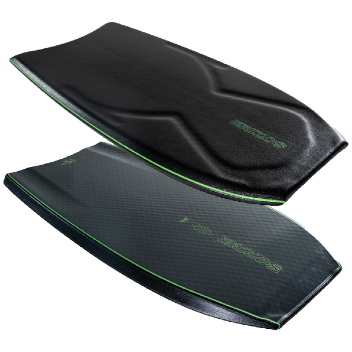 Black and grey skimboard with green beveled edge and textured top and bottom surfaces labeled ERIZOS
