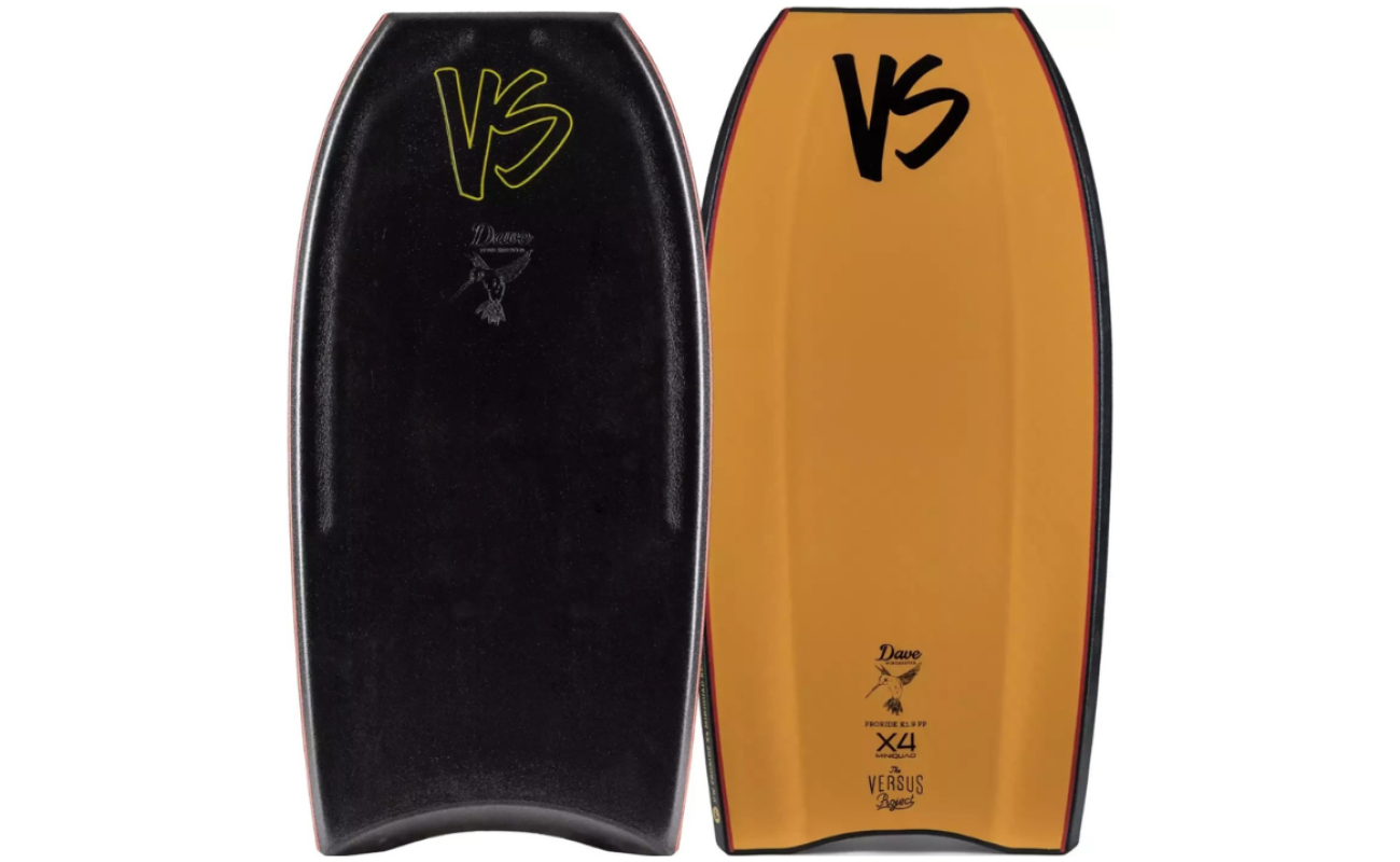 Two Dave Winchester ProRide mini quad bodyboards side by side, one black with neon "VS" logo and one orange with black "VS"