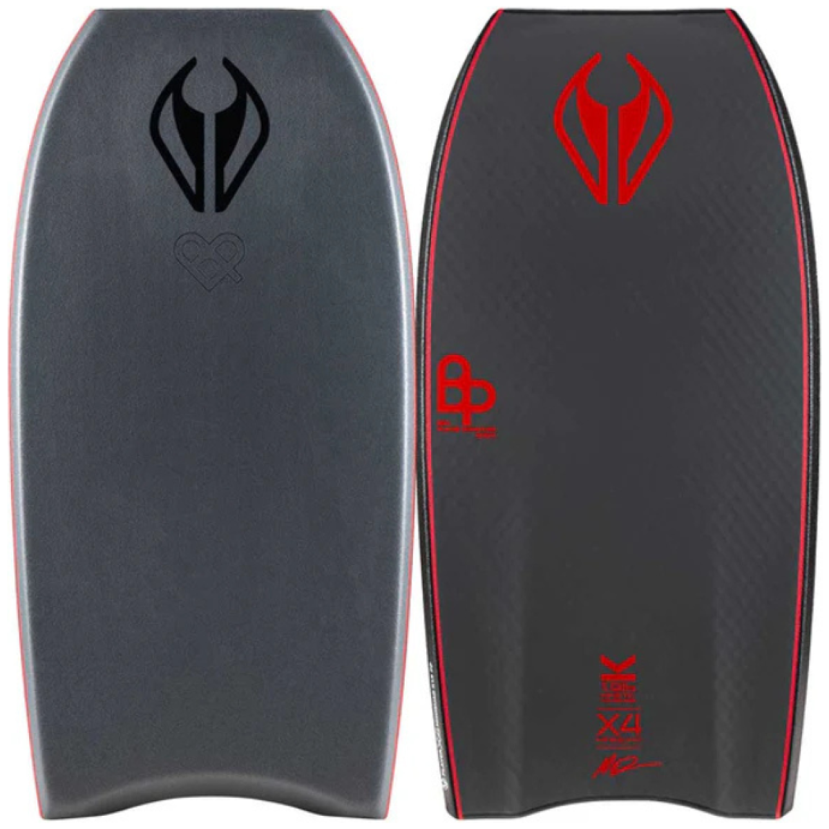 Two grey mini quad bodyboards side by side with black and red logos and red trim