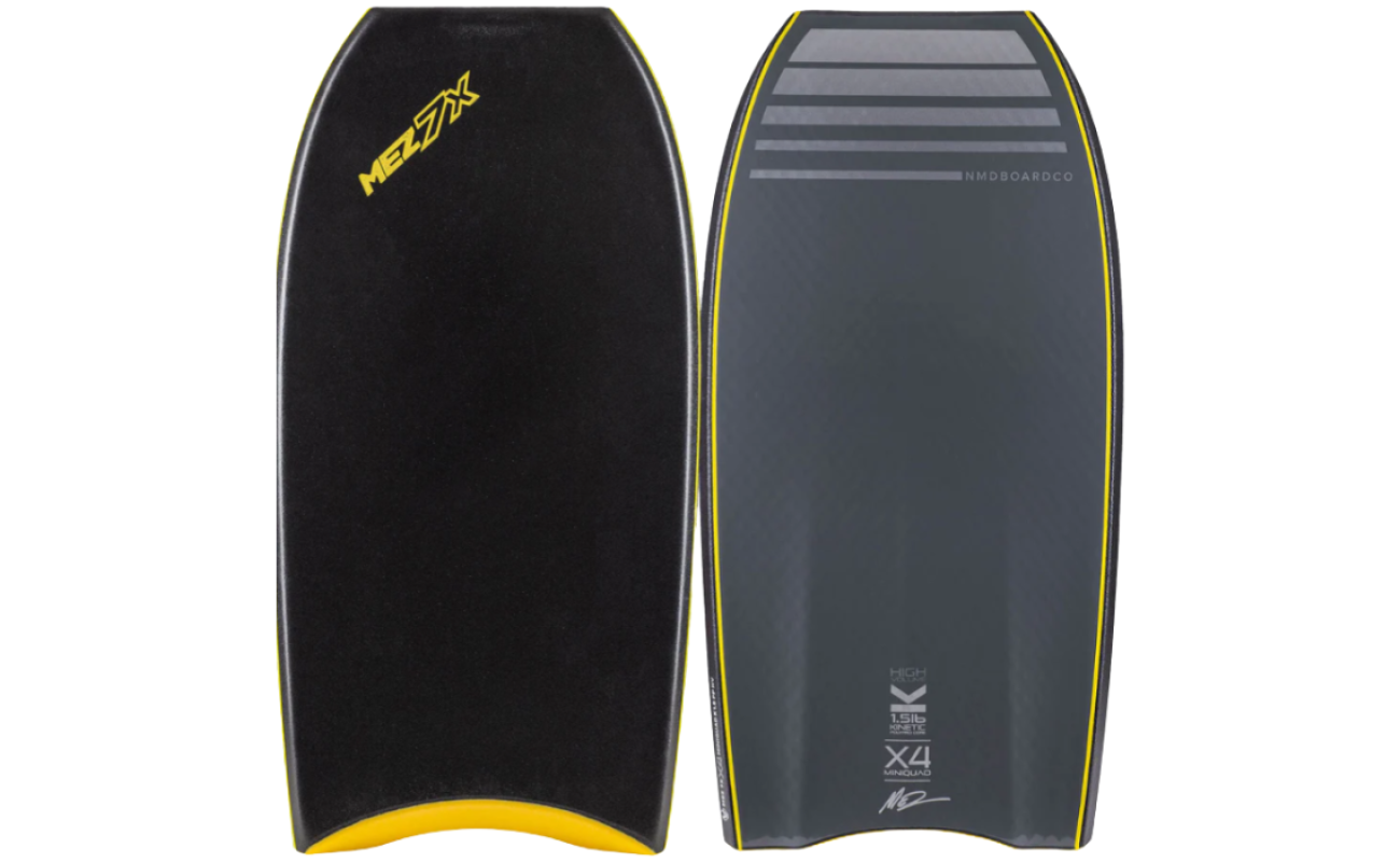 Two black and dark grey NMD MEZ 7X mini quad bodyboards with yellow trim, one showing top deck and one showing textured