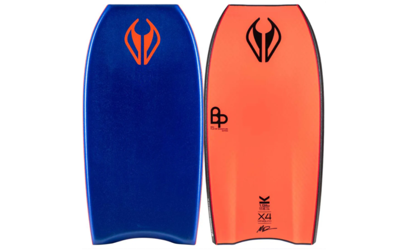 Blue and orange twin-bodyboards with black logos, one blue textured deck and one orange slick bottom showing "BP" and "X4"