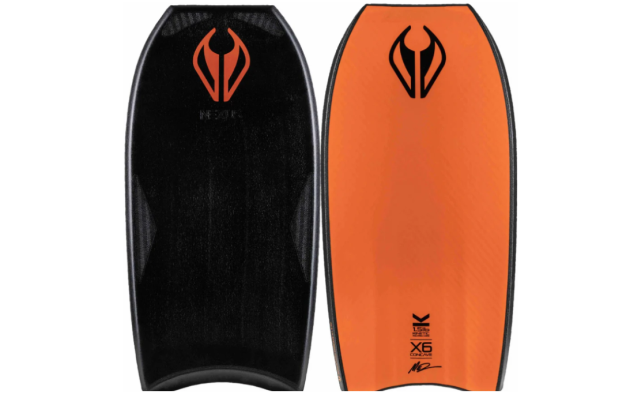 Black and orange twin-bodyboard set showing black textured deck with orange logo and orange bottom with brand text and logo