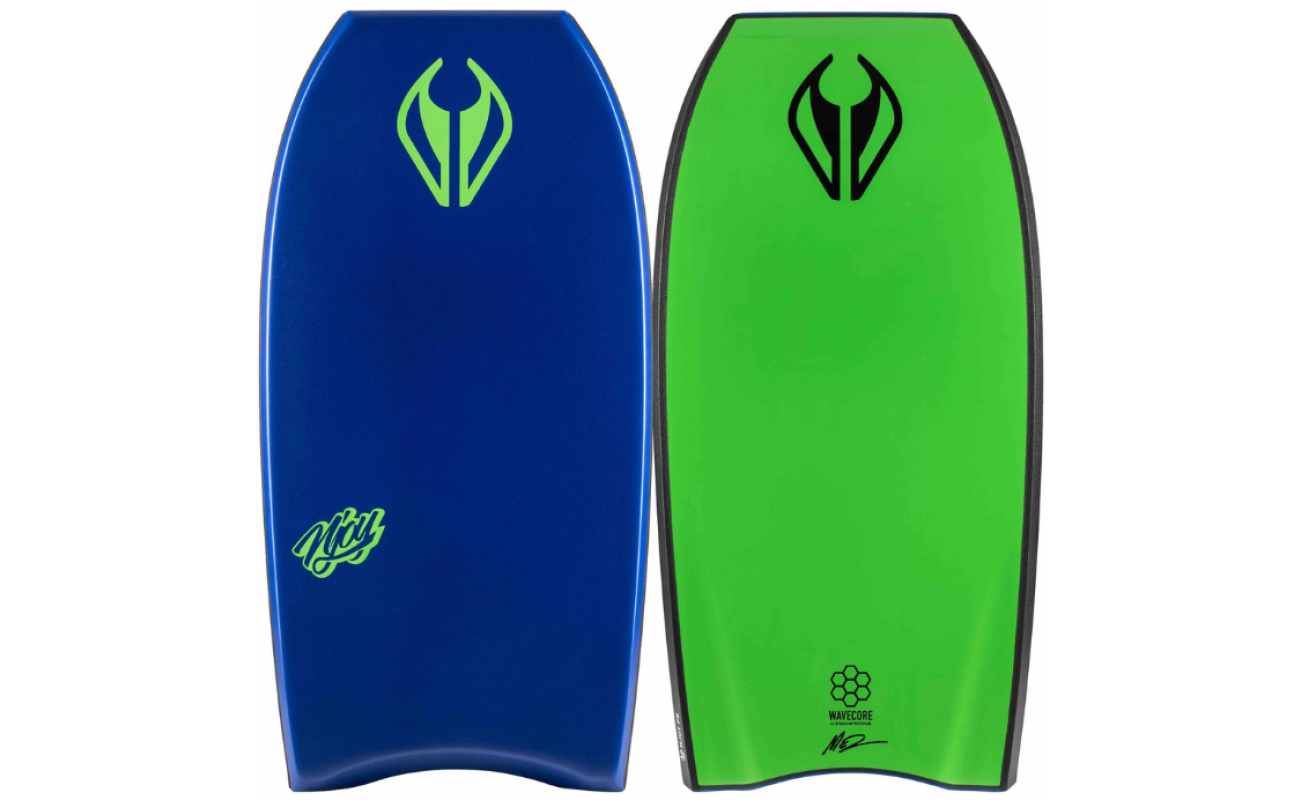 Two colorful bodyboards side by side, one deep blue with lime logos and one bright green with black logo and black rail trim