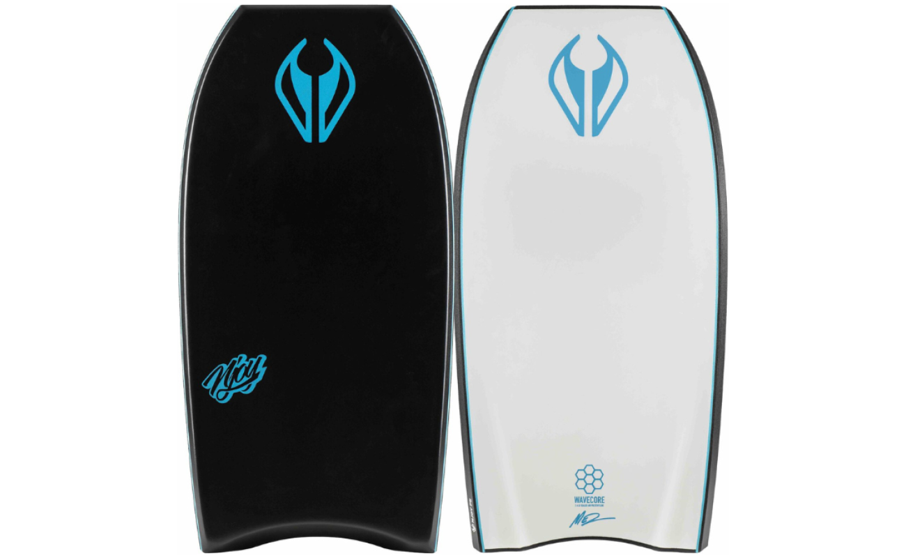 Two bodyboards side by side, left black with blue logo and "NMD" script, right white with blue logo, "WAVECORE" text and