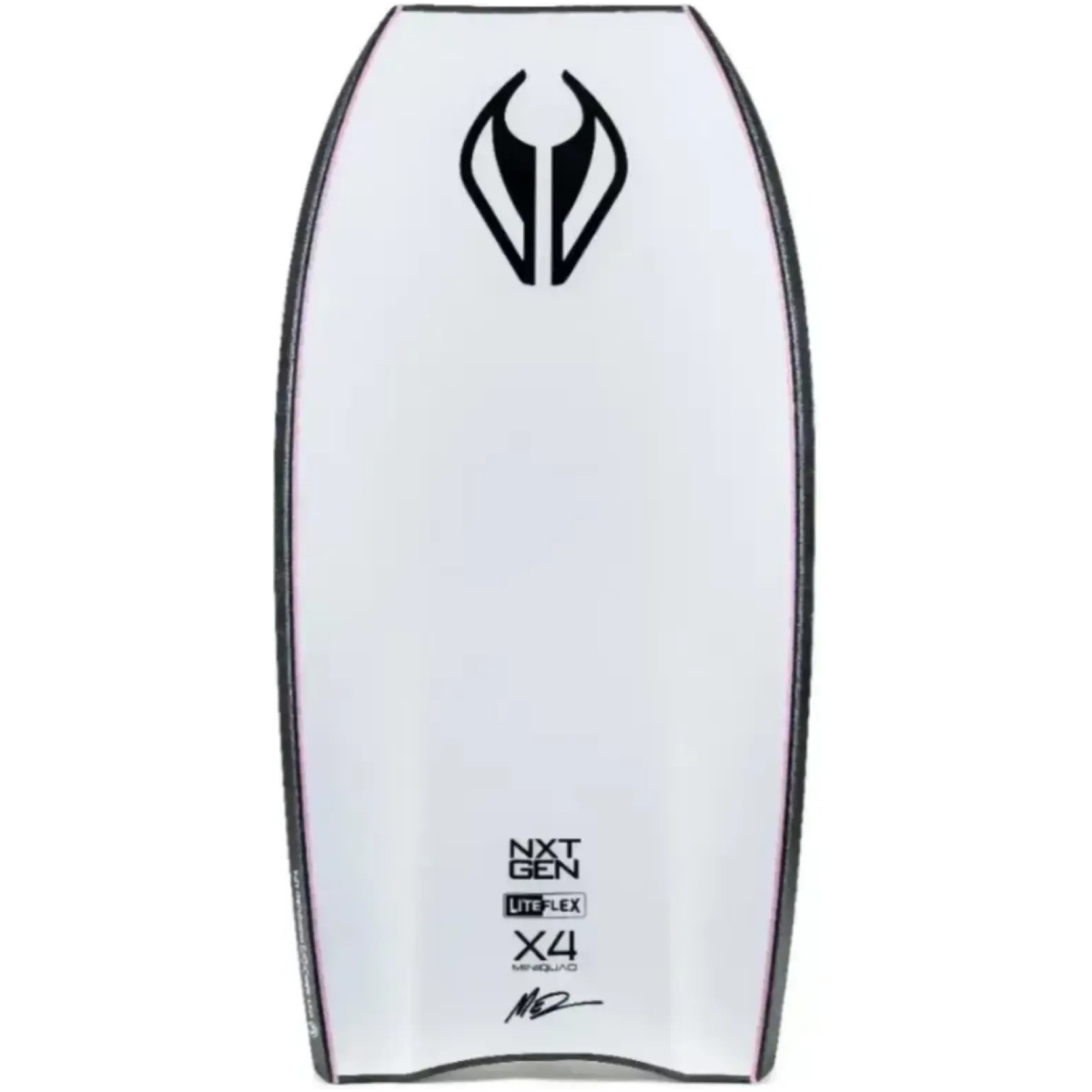 White bodyboard with black trim, black logo at top and text "NXT GEN LITE FLEX X4" near the tail