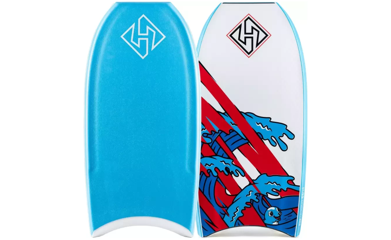 Bodyboard Hubboards azul y blanco de 42 pulgadas con gráfico de olas rojo y azul