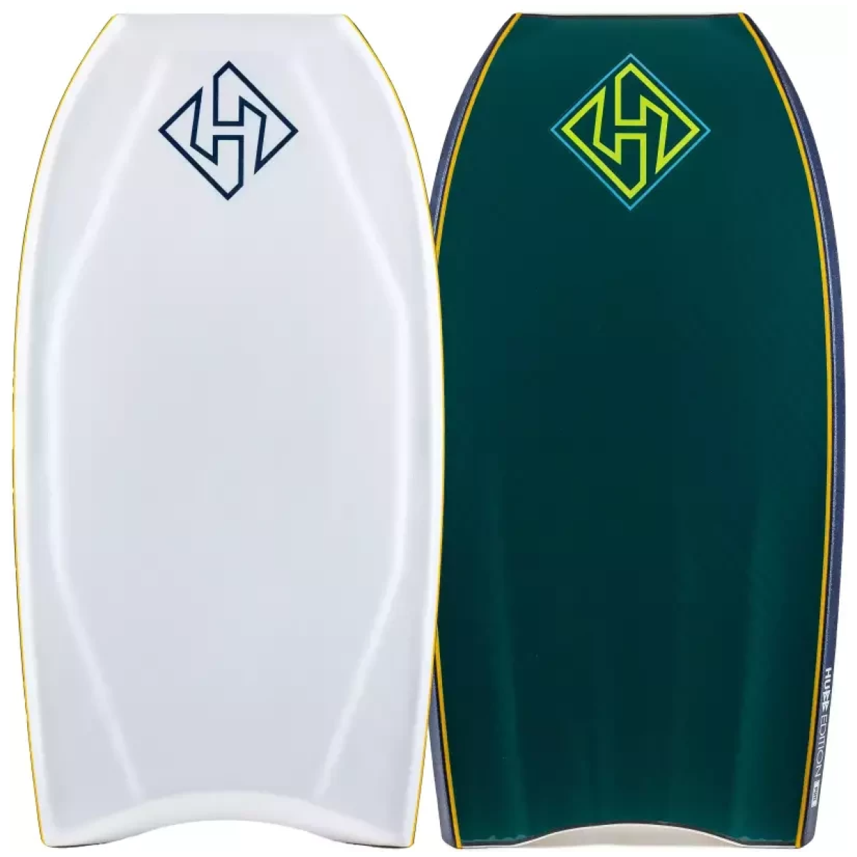 Dos bodyboards, uno blanco con logotipo H azul y otro verde oscuro