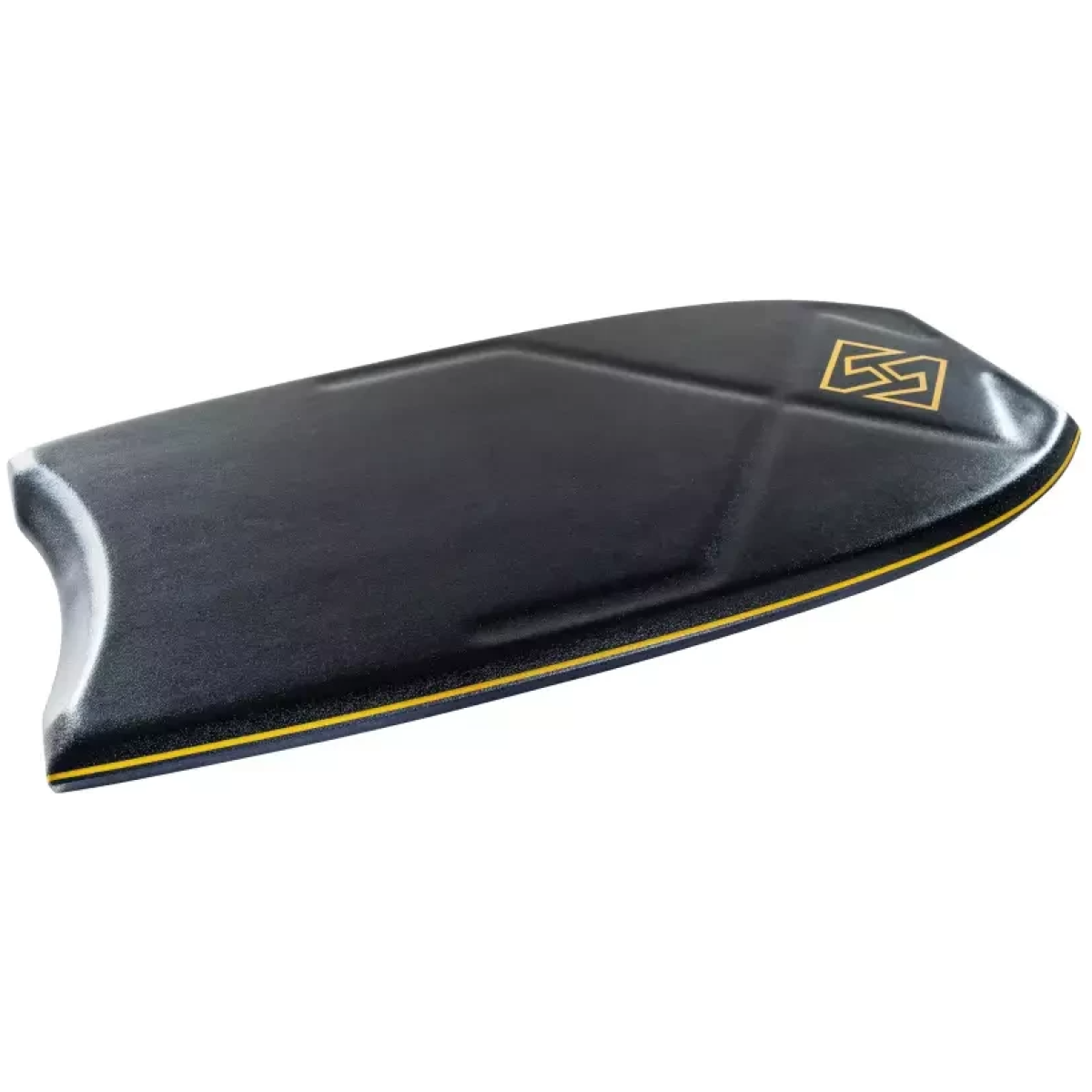 Black bodyboard with raised contour lines, yellow edge stripe and orange geometric logo near the nose