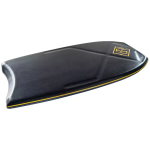 Black bodyboard with raised contour lines, yellow edge stripe and orange geometric logo near the nose