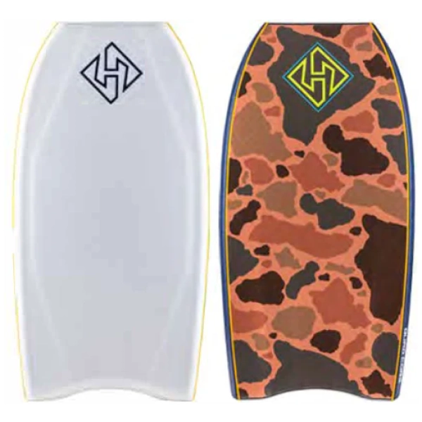 Two bodyboards side by side, left plain white with black logo at top, right camo orange-brown with yellow-bordered logo at